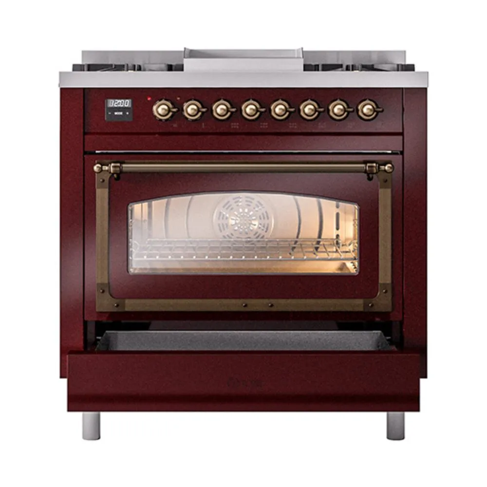 Ilve UN36FNMPBUB Ilve Un36Fnmpbub Nostalgie Ii Noblesse 36" Dual Fuel Range (Natural Gas, Triple Glass Door, Burgundy, Burnished)