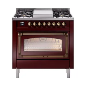 Ilve UN36FNMPBUB Ilve Un36Fnmpbub Nostalgie Ii Noblesse 36" Dual Fuel Range (Natural Gas, Triple Glass Door, Burgundy, Burnished)
