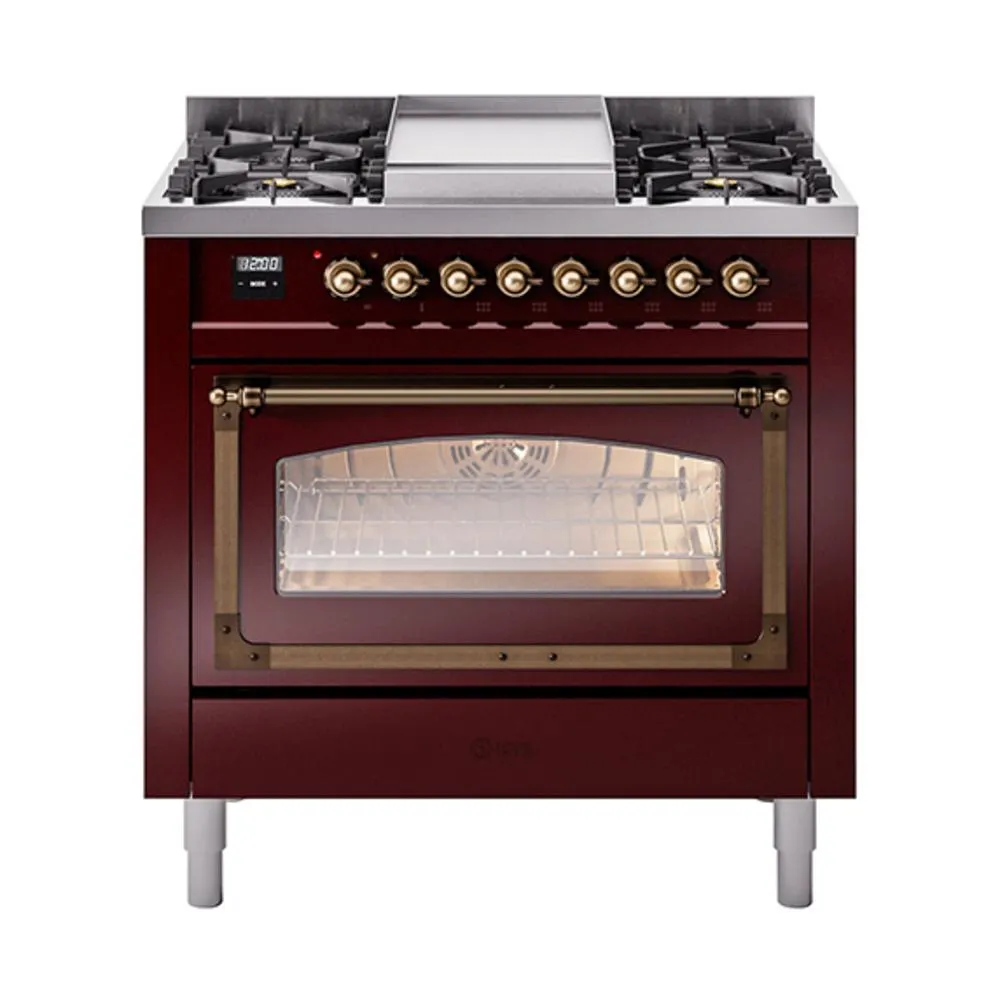 Ilve UN36FNMPBUBLP Ilve Un36Fnmpbublp Nostalgie Ii Noblesse 36" Dual Fuel Range (Liquid Propane, Triple Glass Door, Burgundy, Burnished)