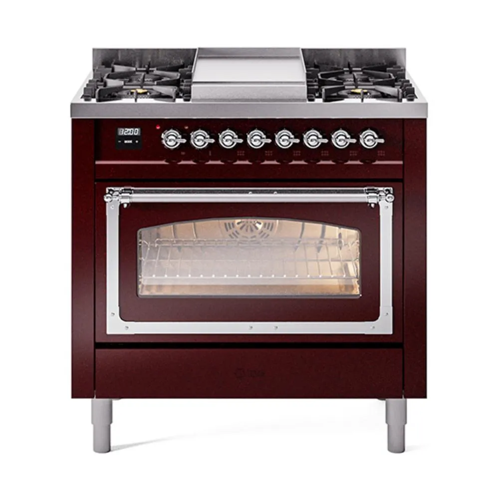 Ilve UN36FNMPBUC Ilve Un36Fnmpbuc Nostalgie Ii Noblesse 36" Dual Fuel Range (Natural Gas, Triple Glass Door, Burgundy, Chrome)