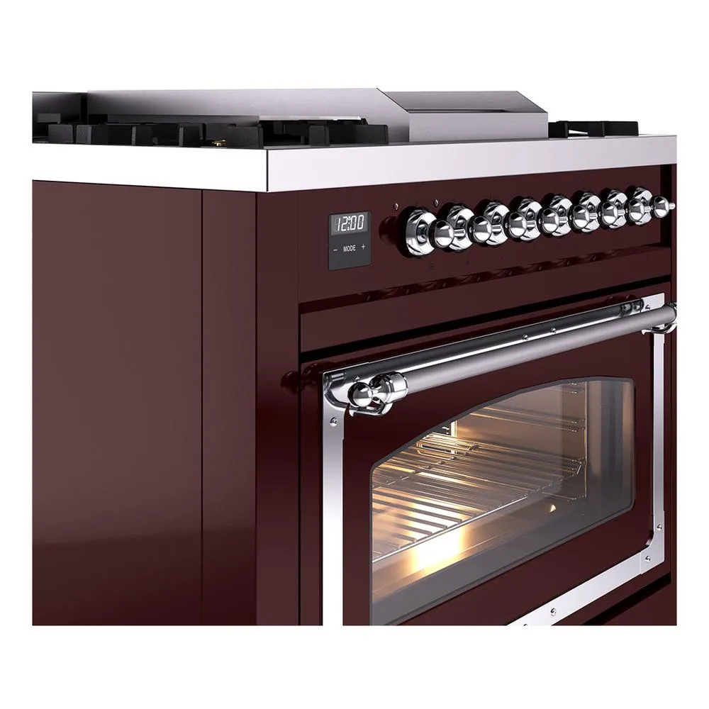 Ilve UN36FNMPBUC Ilve Un36Fnmpbuc Nostalgie Ii Noblesse 36" Dual Fuel Range (Natural Gas, Triple Glass Door, Burgundy, Chrome)