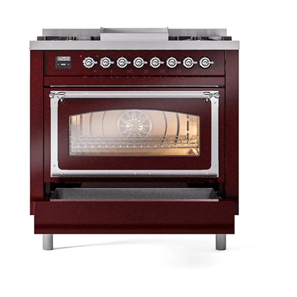 Ilve UN36FNMPBUC Ilve Un36Fnmpbuc Nostalgie Ii Noblesse 36" Dual Fuel Range (Natural Gas, Triple Glass Door, Burgundy, Chrome)