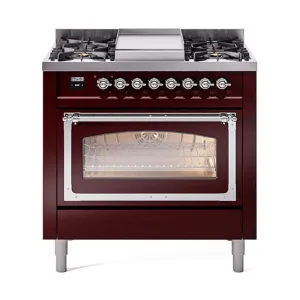 Ilve UN36FNMPBUC Ilve Un36Fnmpbuc Nostalgie Ii Noblesse 36" Dual Fuel Range (Natural Gas, Triple Glass Door, Burgundy, Chrome)