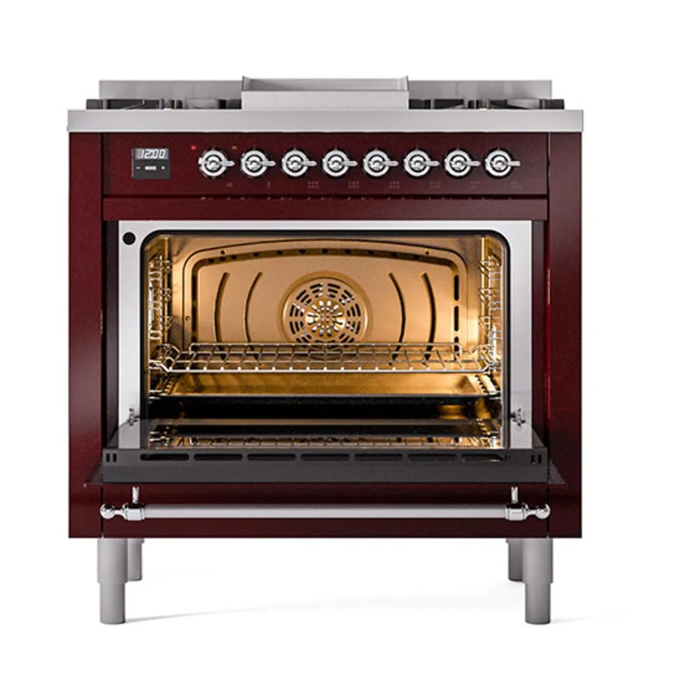 Ilve UN36FNMPBUC Ilve Un36Fnmpbuc Nostalgie Ii Noblesse 36" Dual Fuel Range (Natural Gas, Triple Glass Door, Burgundy, Chrome)
