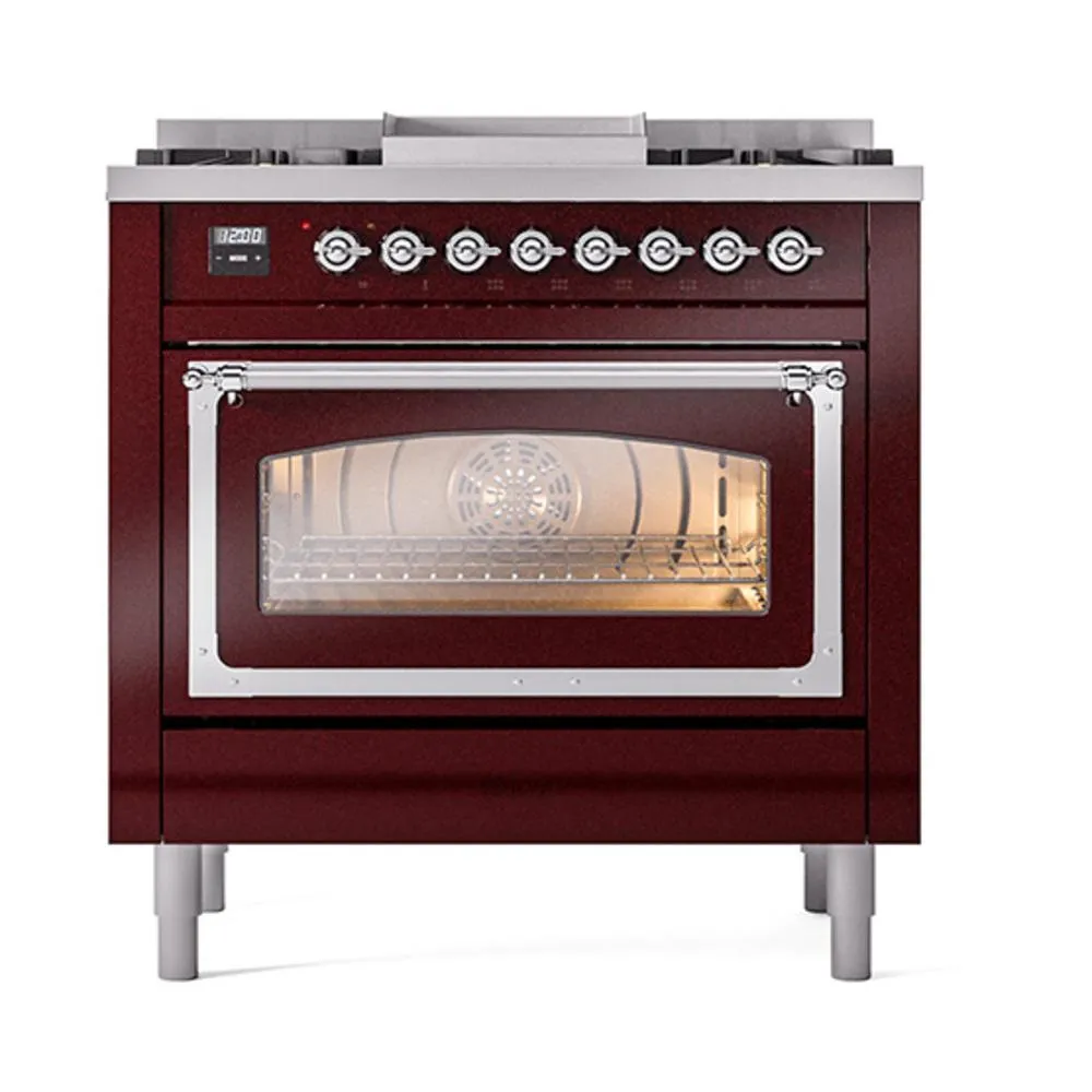 Ilve UN36FNMPBUC Ilve Un36Fnmpbuc Nostalgie Ii Noblesse 36" Dual Fuel Range (Natural Gas, Triple Glass Door, Burgundy, Chrome)