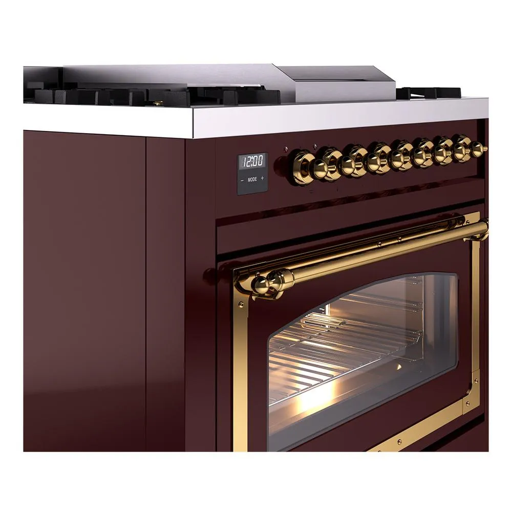 Ilve UN36FNMPBUGLP Ilve Un36Fnmpbuglp Nostalgie Ii Noblesse 36" Dual Fuel Range (Liquid Propane, Triple Glass Door, Burgundy, Brass)