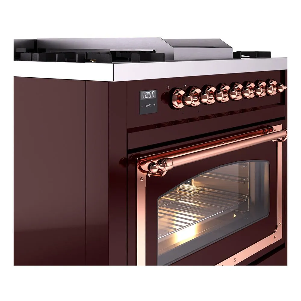 Ilve UN36FNMPBUPLP Ilve Un36Fnmpbuplp Nostalgie Ii Noblesse 36" Dual Fuel Range (Liquid Propane, Triple Glass Door, Burgundy, Copper)