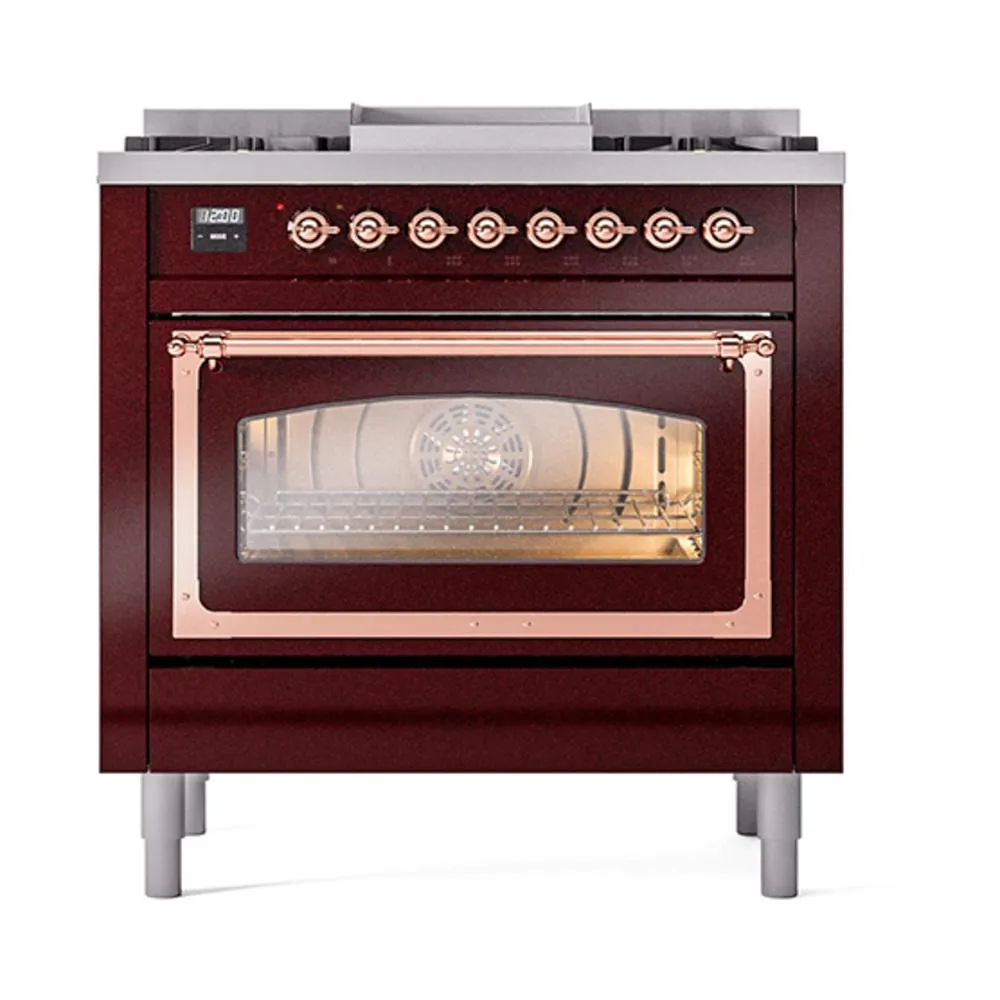 Ilve UN36FNMPBUPLP Ilve Un36Fnmpbuplp Nostalgie Ii Noblesse 36" Dual Fuel Range (Liquid Propane, Triple Glass Door, Burgundy, Copper)