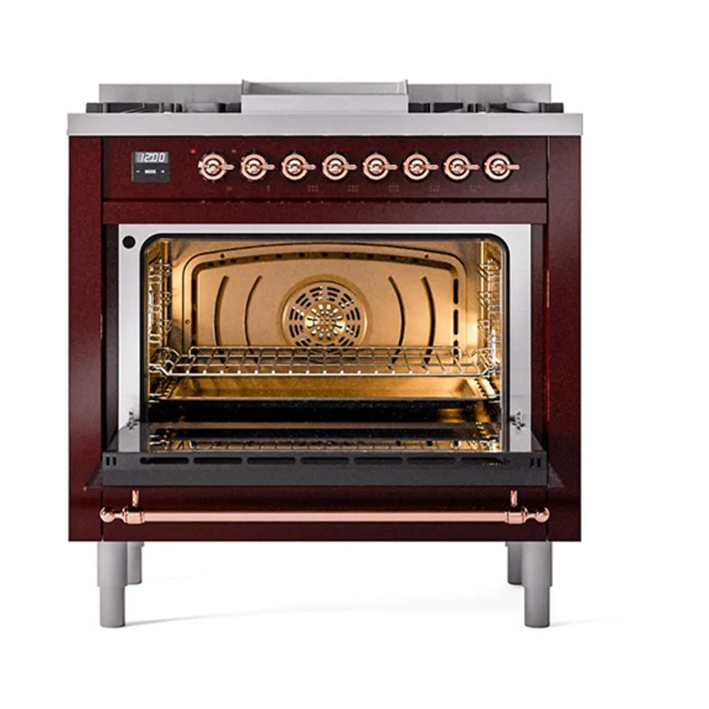 Ilve UN36FNMPBUPLP Ilve Un36Fnmpbuplp Nostalgie Ii Noblesse 36" Dual Fuel Range (Liquid Propane, Triple Glass Door, Burgundy, Copper)