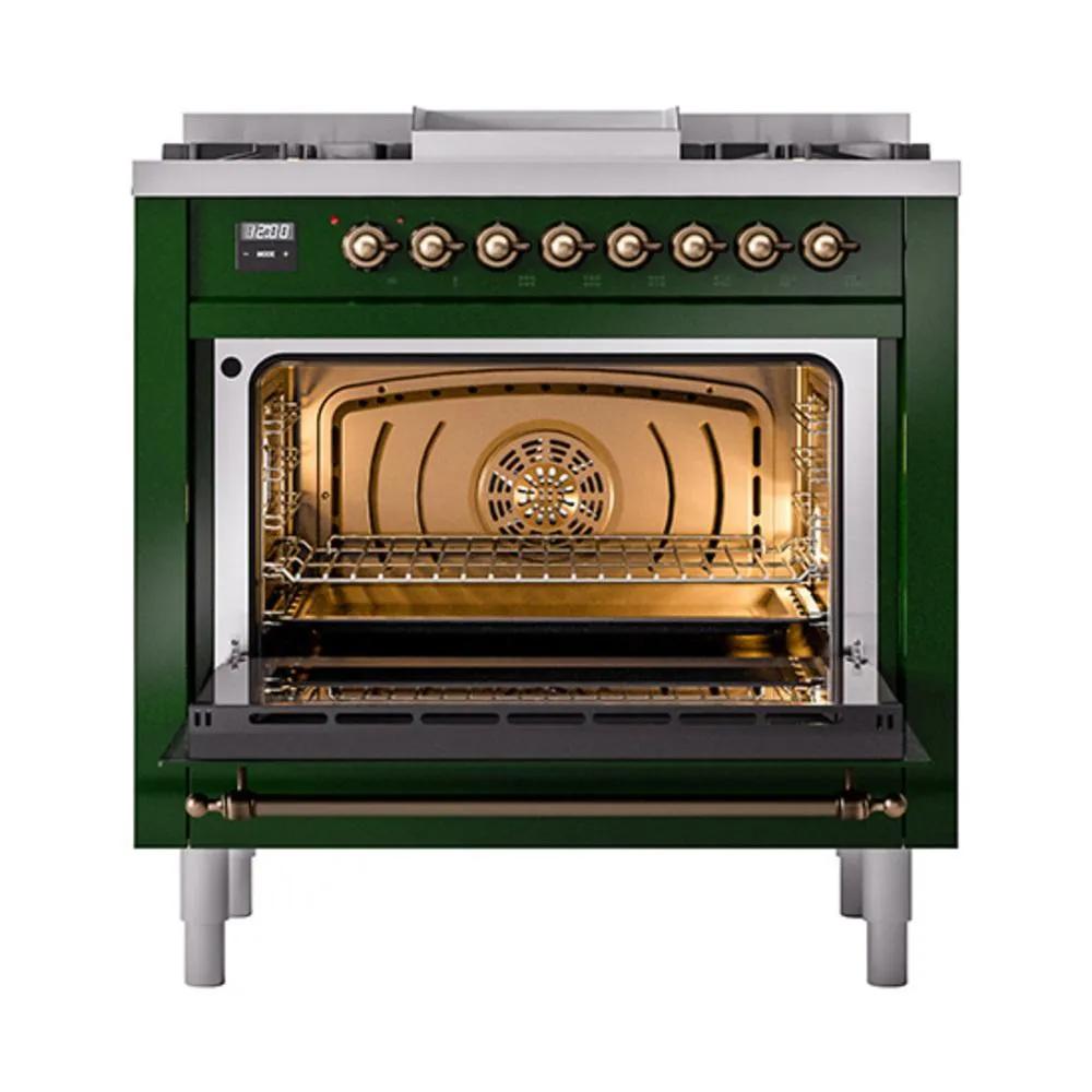 Ilve UN36FNMPEGBLP Ilve Un36Fnmpegblp Nostalgie Ii Noblesse 36" Dual Fuel Range (Liquid Propane, Triple Glass Door, Emerald Green, Burnished)