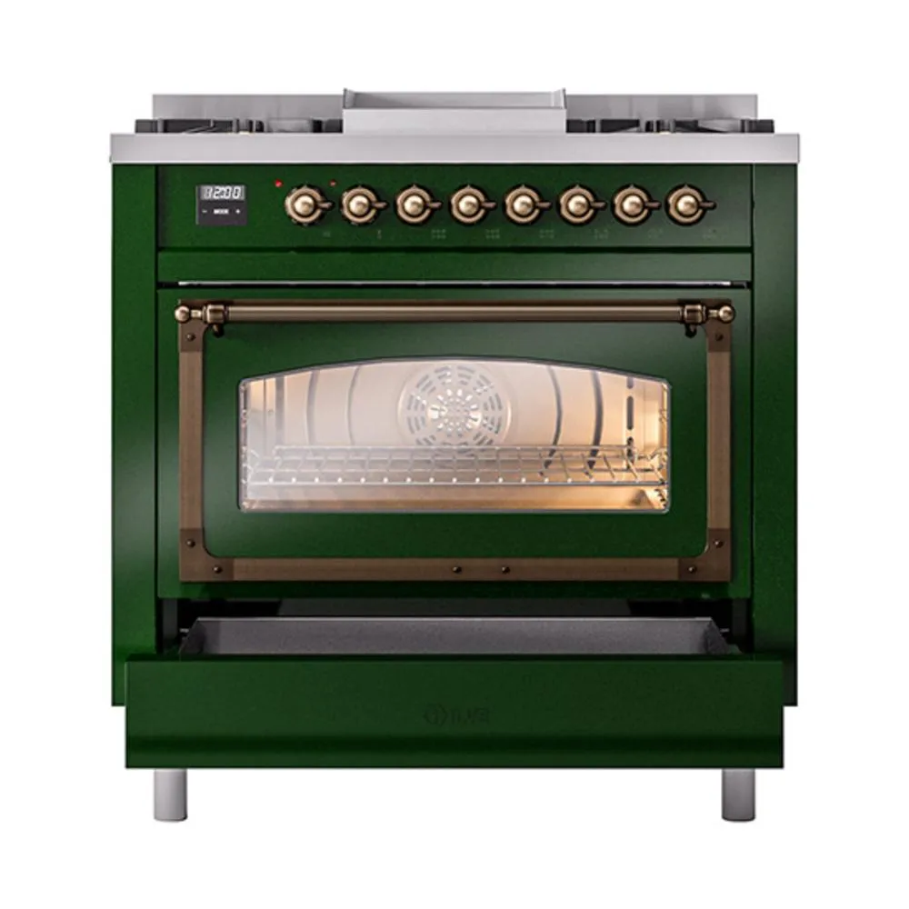 Ilve UN36FNMPEGBLP Ilve Un36Fnmpegblp Nostalgie Ii Noblesse 36" Dual Fuel Range (Liquid Propane, Triple Glass Door, Emerald Green, Burnished)