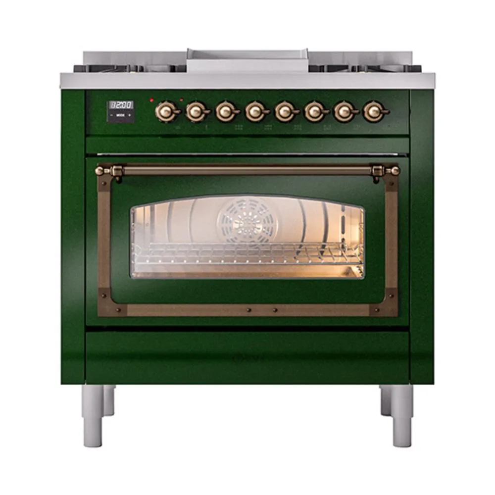 Ilve UN36FNMPEGBLP Ilve Un36Fnmpegblp Nostalgie Ii Noblesse 36" Dual Fuel Range (Liquid Propane, Triple Glass Door, Emerald Green, Burnished)