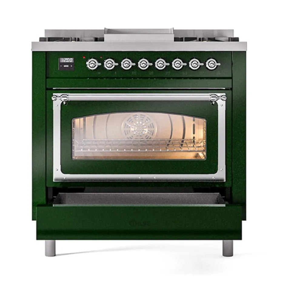 Ilve UN36FNMPEGC Ilve Un36Fnmpegc Nostalgie Ii Noblesse 36" Dual Fuel Range (Natural Gas, Triple Glass Door, Emerald Green, Chrome)