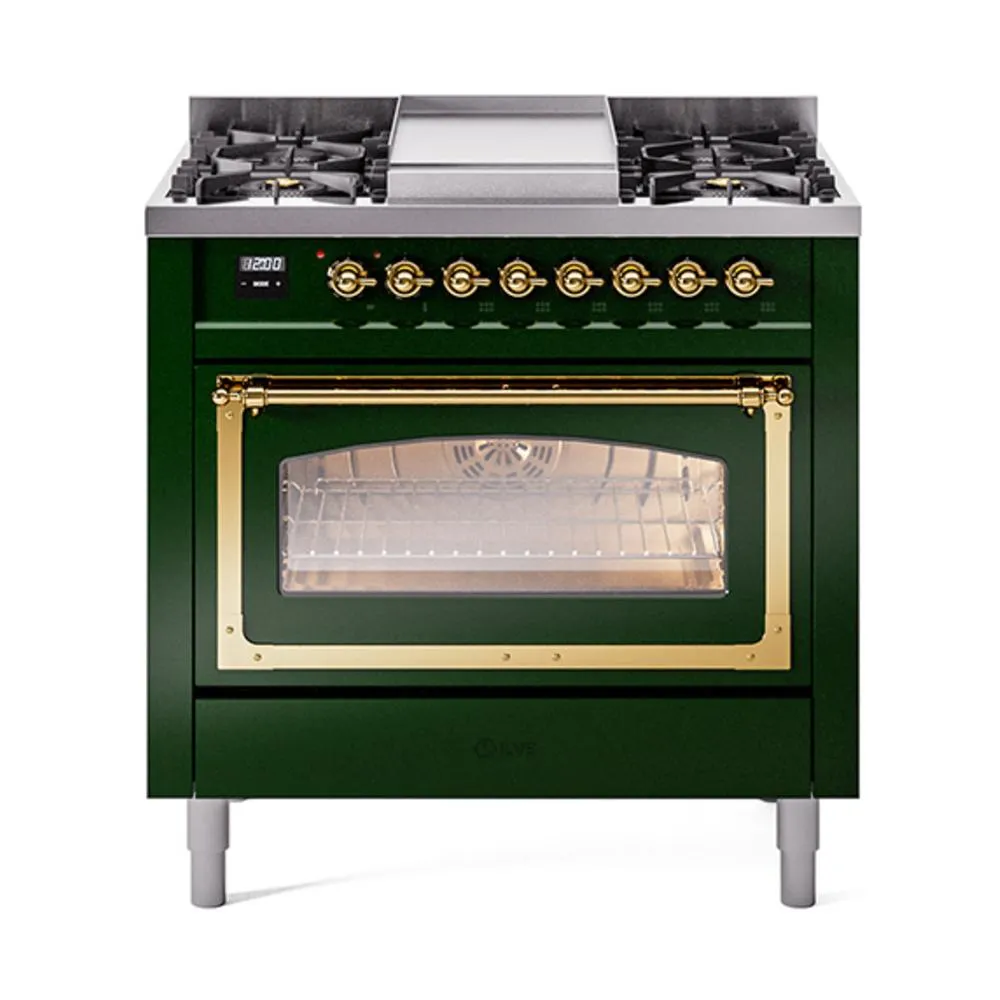 Ilve UN36FNMPEGGLP Ilve Un36Fnmpegglp Nostalgie Ii Noblesse 36" Dual Fuel Range (Liquid Propane, Triple Glass Door, Emerald Green, Brass)