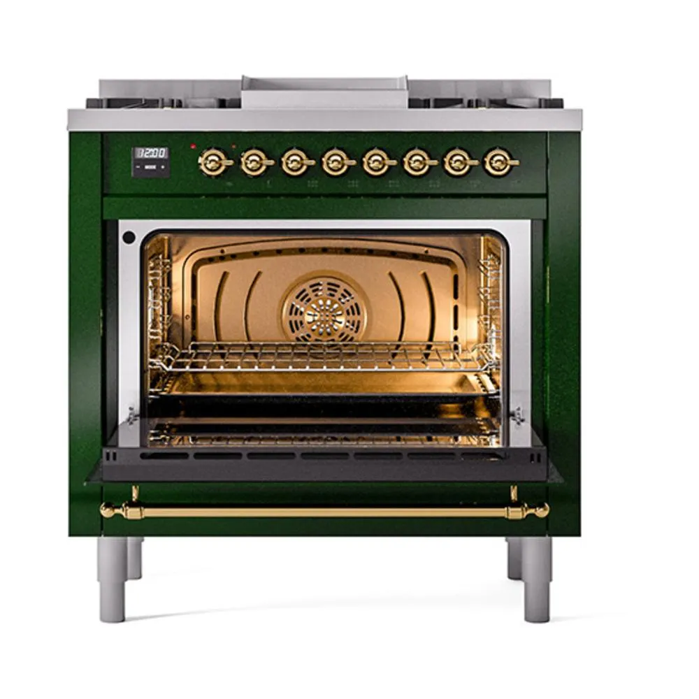Ilve UN36FNMPEGGLP Ilve Un36Fnmpegglp Nostalgie Ii Noblesse 36" Dual Fuel Range (Liquid Propane, Triple Glass Door, Emerald Green, Brass)