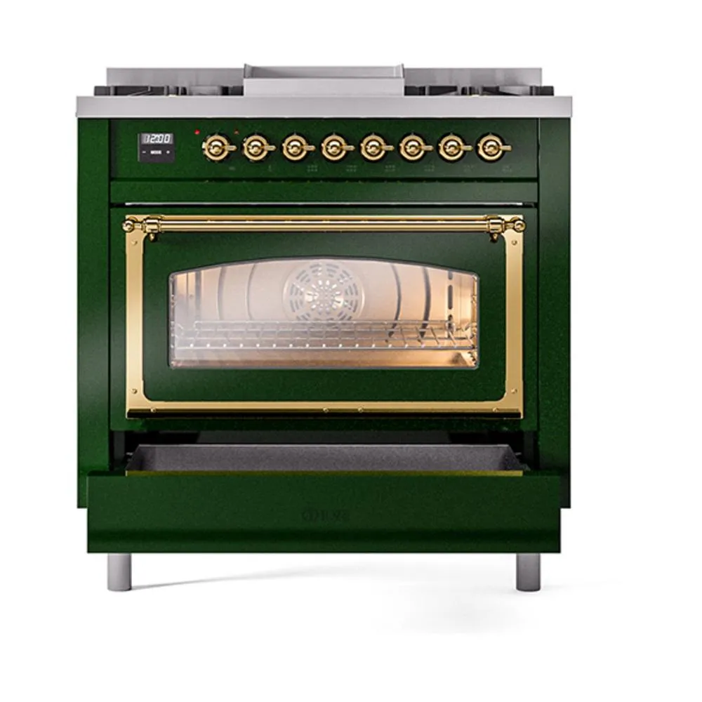 Ilve UN36FNMPEGGLP Ilve Un36Fnmpegglp Nostalgie Ii Noblesse 36" Dual Fuel Range (Liquid Propane, Triple Glass Door, Emerald Green, Brass)