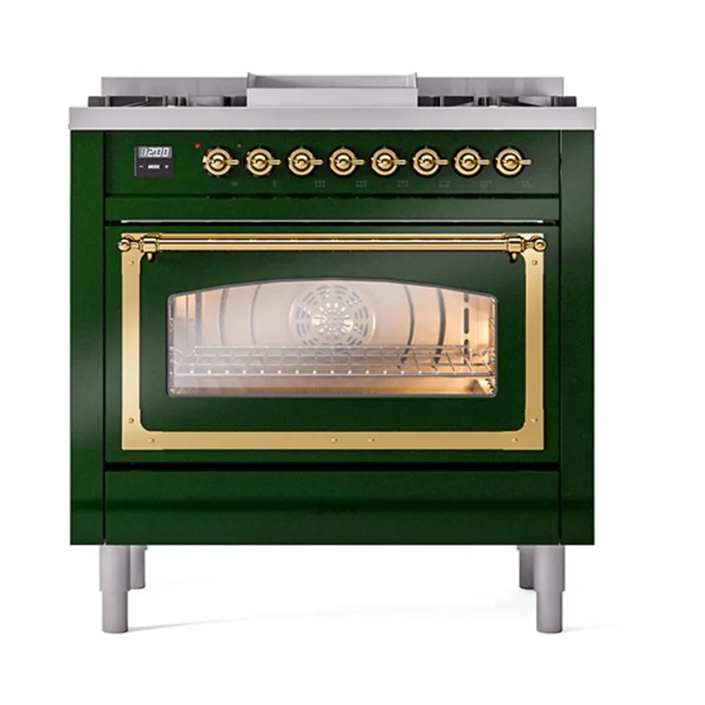 Ilve UN36FNMPEGGLP Ilve Un36Fnmpegglp Nostalgie Ii Noblesse 36" Dual Fuel Range (Liquid Propane, Triple Glass Door, Emerald Green, Brass)