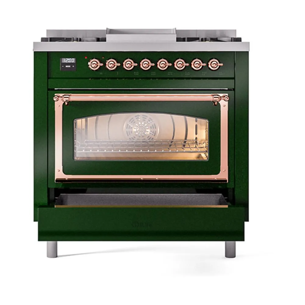 Ilve UN36FNMPEGPLP Ilve Un36Fnmpegplp Nostalgie Ii Noblesse 36" Dual Fuel Range (Liquid Propane, Triple Glass Door, Emerald Green, Copper)