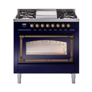 Ilve UN36FNMPMBB Ilve Un36Fnmpmbb Nostalgie Ii Noblesse 36" Dual Fuel Range (Natural Gas, Triple Glass Door, Midnight Blue, Burnished)