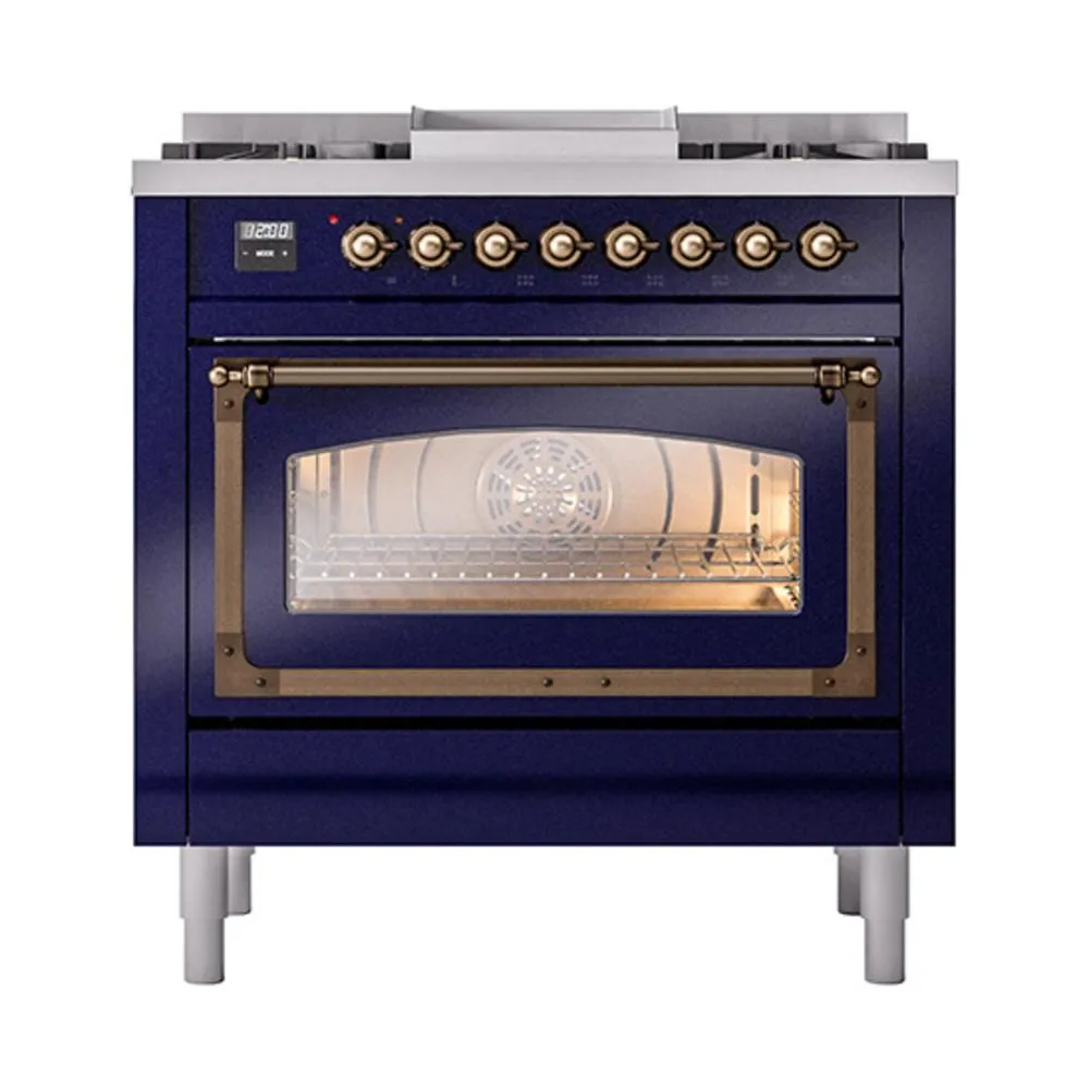 Ilve UN36FNMPMBBLP Ilve Un36Fnmpmbblp Nostalgie Ii Noblesse 36" Dual Fuel Range (Liquid Propane, Triple Glass Door, Midnight Blue, Burnished)