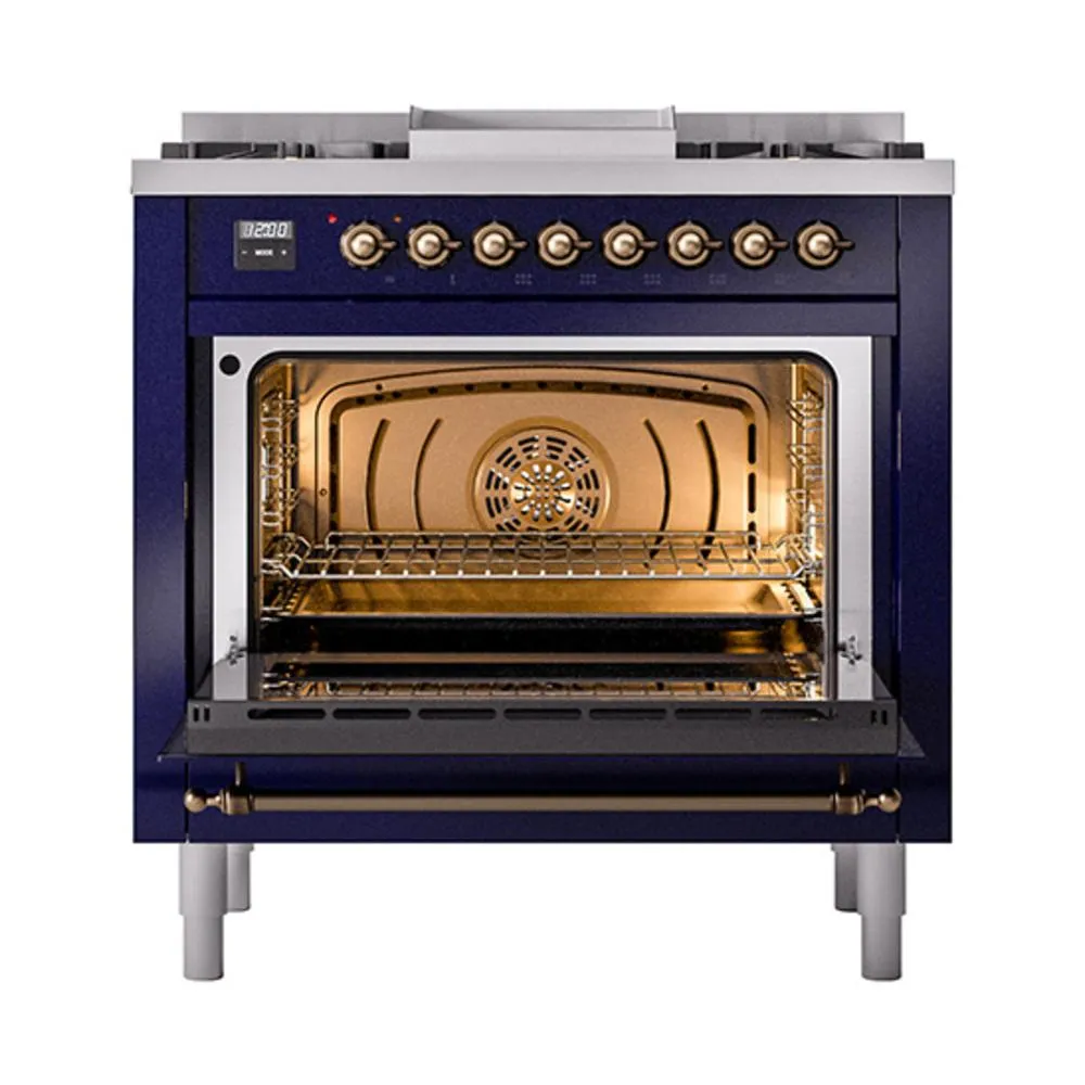 Ilve UN36FNMPMBBLP Ilve Un36Fnmpmbblp Nostalgie Ii Noblesse 36" Dual Fuel Range (Liquid Propane, Triple Glass Door, Midnight Blue, Burnished)