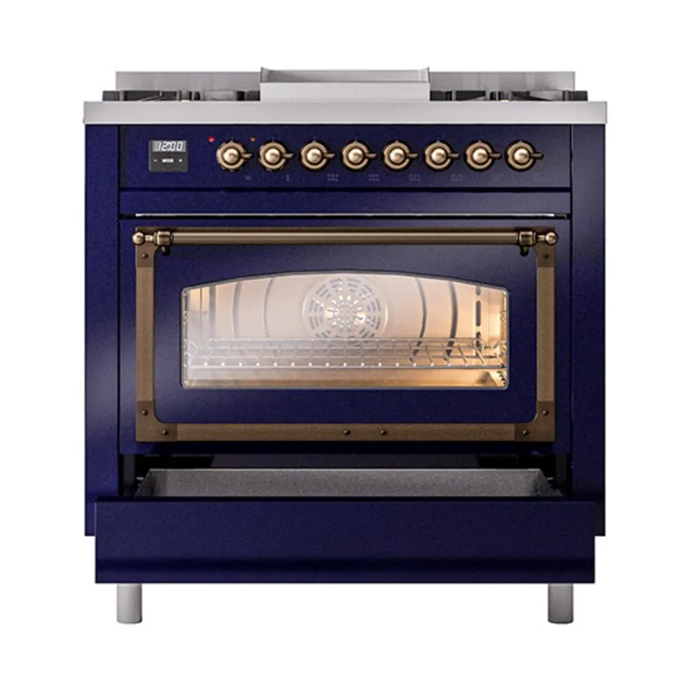 Ilve UN36FNMPMBBLP Ilve Un36Fnmpmbblp Nostalgie Ii Noblesse 36" Dual Fuel Range (Liquid Propane, Triple Glass Door, Midnight Blue, Burnished)