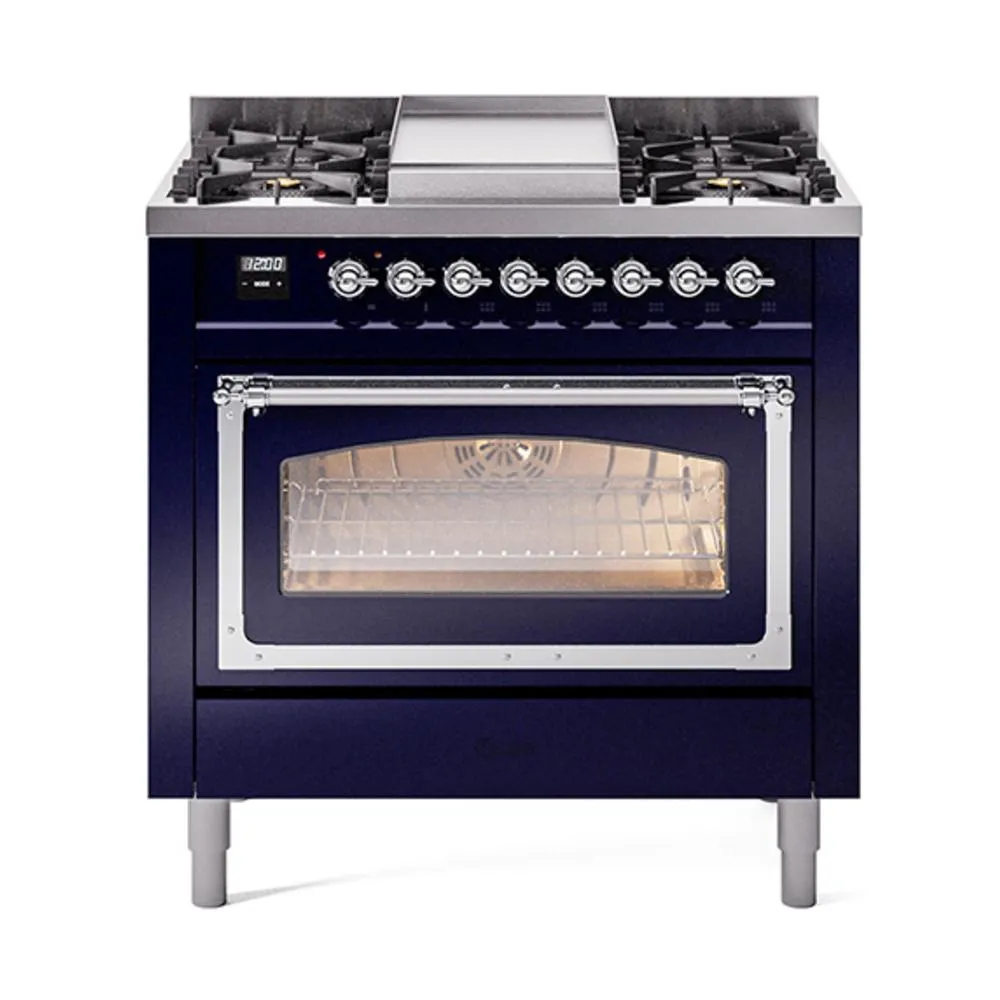 Ilve UN36FNMPMBC Ilve Un36Fnmpmbc Nostalgie Ii Noblesse 36" Dual Fuel Range (Natural Gas, Triple Glass Door, Midnight Blue, Chrome)