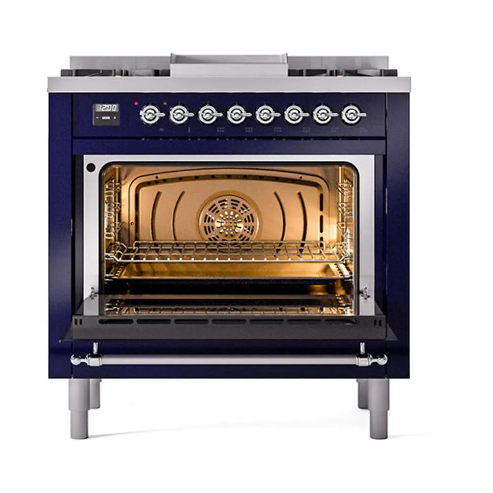 Ilve UN36FNMPMBCLP Ilve Un36Fnmpmbclp Nostalgie Ii Noblesse 36" Dual Fuel Range (Liquid Propane, Triple Glass Door, Midnight Blue, Chrome)