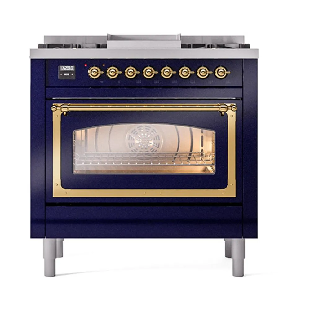 Ilve UN36FNMPMBG Ilve Un36Fnmpmbg Nostalgie Ii Noblesse 36" Dual Fuel Range (Natural Gas, Triple Glass Door, Midnight Blue, Brass)