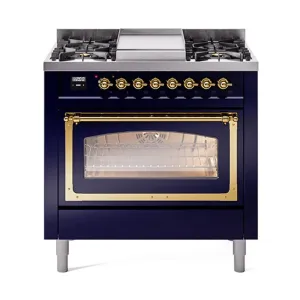 Ilve UN36FNMPMBG Ilve Un36Fnmpmbg Nostalgie Ii Noblesse 36" Dual Fuel Range (Natural Gas, Triple Glass Door, Midnight Blue, Brass)