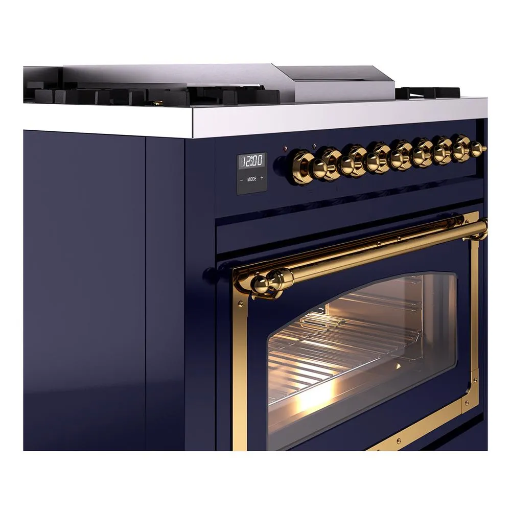 Ilve UN36FNMPMBG Ilve Un36Fnmpmbg Nostalgie Ii Noblesse 36" Dual Fuel Range (Natural Gas, Triple Glass Door, Midnight Blue, Brass)