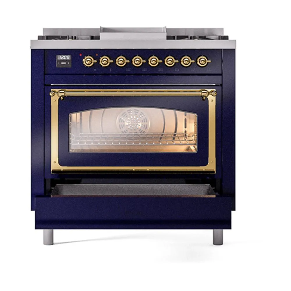 Ilve UN36FNMPMBG Ilve Un36Fnmpmbg Nostalgie Ii Noblesse 36" Dual Fuel Range (Natural Gas, Triple Glass Door, Midnight Blue, Brass)