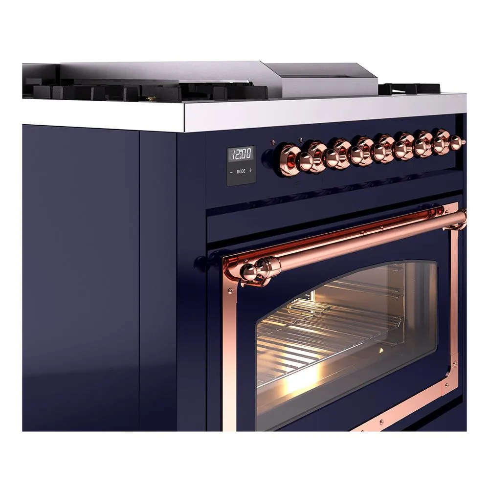 Ilve UN36FNMPMBP Ilve Un36Fnmpmbp Nostalgie Ii Noblesse 36" Dual Fuel Range (Natural Gas, Triple Glass Door, Midnight Blue, Copper)