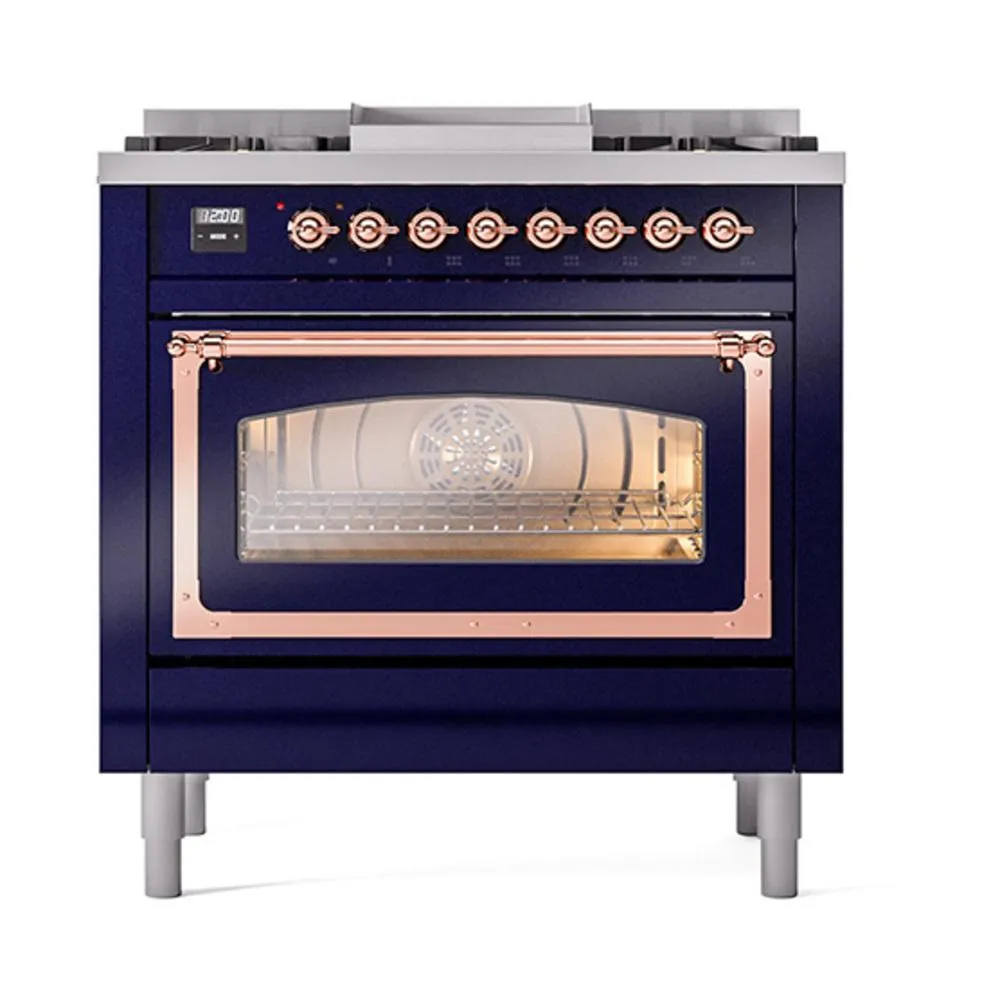 Ilve UN36FNMPMBP Ilve Un36Fnmpmbp Nostalgie Ii Noblesse 36" Dual Fuel Range (Natural Gas, Triple Glass Door, Midnight Blue, Copper)