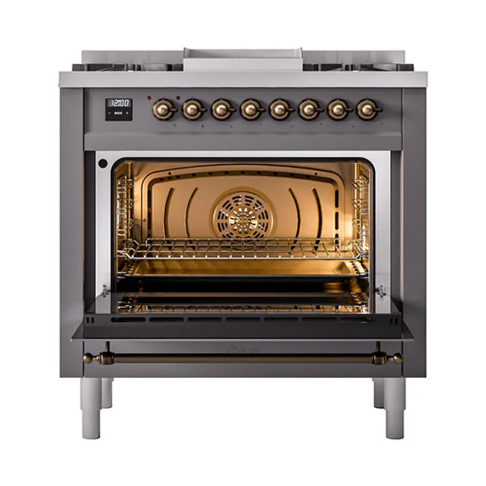 Ilve UN36FNMPMGBLP Ilve Un36Fnmpmgblp Nostalgie Ii Noblesse 36" Dual Fuel Range (Liquid Propane, Triple Glass Door, Graphite Matte, Burnished)
