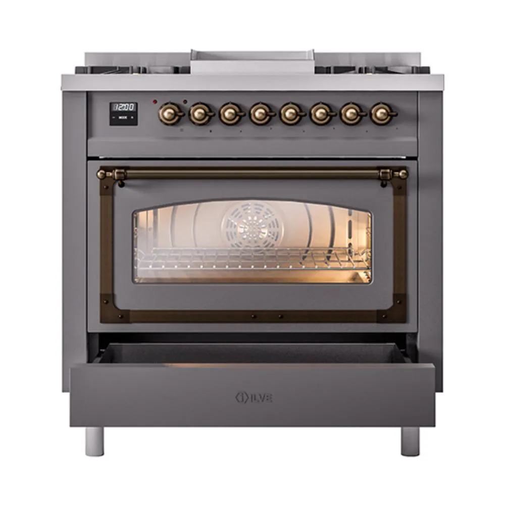 Ilve UN36FNMPMGBLP Ilve Un36Fnmpmgblp Nostalgie Ii Noblesse 36" Dual Fuel Range (Liquid Propane, Triple Glass Door, Graphite Matte, Burnished)