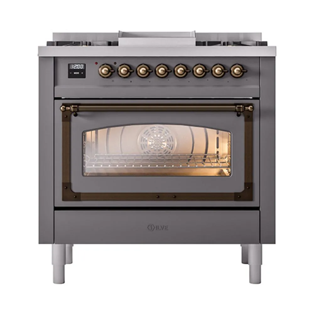Ilve UN36FNMPMGBLP Ilve Un36Fnmpmgblp Nostalgie Ii Noblesse 36" Dual Fuel Range (Liquid Propane, Triple Glass Door, Graphite Matte, Burnished)