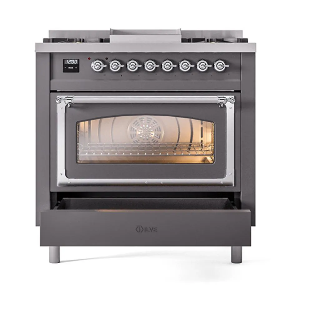 Ilve UN36FNMPMGC Ilve Un36Fnmpmgc Nostalgie Ii Noblesse 36" Dual Fuel Range (Natural Gas, Triple Glass Door, Graphite Matte, Chrome)