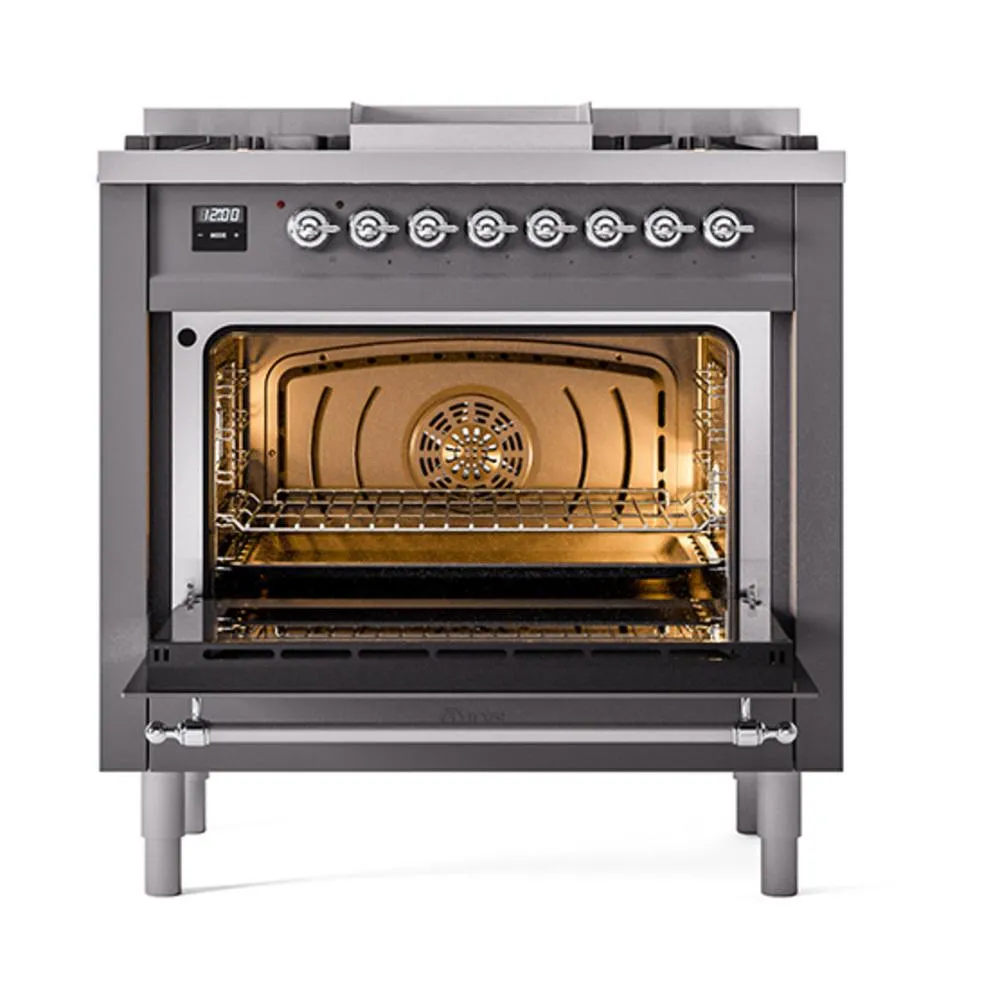 Ilve UN36FNMPMGC Ilve Un36Fnmpmgc Nostalgie Ii Noblesse 36" Dual Fuel Range (Natural Gas, Triple Glass Door, Graphite Matte, Chrome)