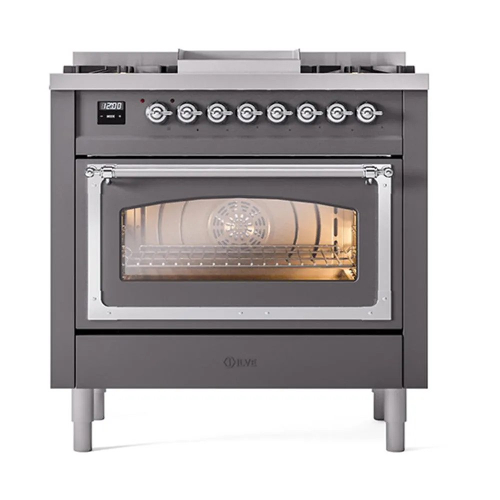 Ilve UN36FNMPMGCLP Ilve Un36Fnmpmgclp Nostalgie Ii Noblesse 36" Dual Fuel Range (Liquid Propane, Triple Glass Door, Graphite Matte, Chrome)