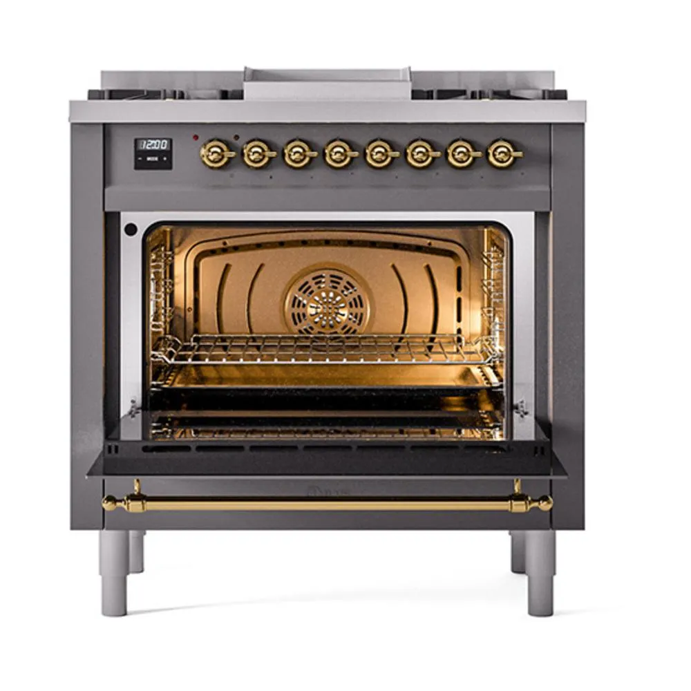 Ilve UN36FNMPMGG Ilve Un36Fnmpmgg Nostalgie Ii Noblesse 36" Dual Fuel Range (Natural Gas, Triple Glass Door, Graphite Matte, Brass)