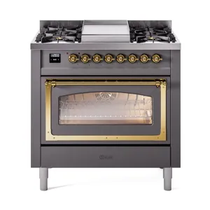 Ilve UN36FNMPMGGLP Ilve Un36Fnmpmgglp Nostalgie Ii Noblesse 36" Dual Fuel Range (Liquid Propane, Triple Glass Door, Graphite Matte, Brass)
