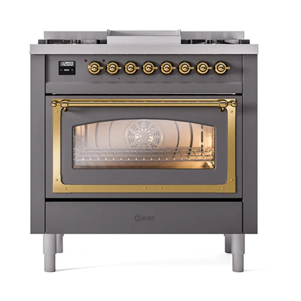 Ilve UN36FNMPMGGLP Ilve Un36Fnmpmgglp Nostalgie Ii Noblesse 36" Dual Fuel Range (Liquid Propane, Triple Glass Door, Graphite Matte, Brass)