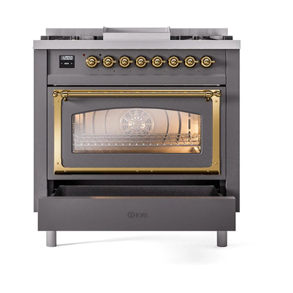 Ilve UN36FNMPMGGLP Ilve Un36Fnmpmgglp Nostalgie Ii Noblesse 36" Dual Fuel Range (Liquid Propane, Triple Glass Door, Graphite Matte, Brass)