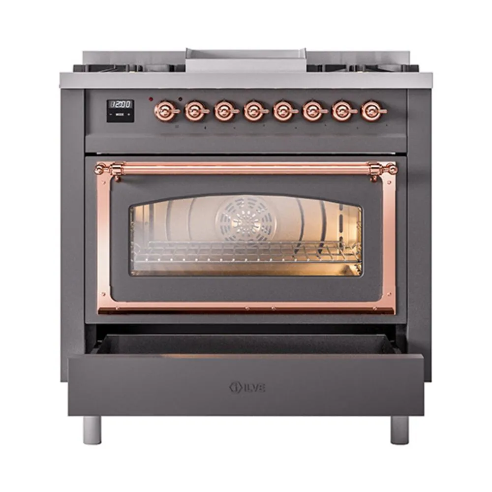 Ilve UN36FNMPMGP Ilve Un36Fnmpmgp Nostalgie Ii Noblesse 36" Dual Fuel Range (Natural Gas, Triple Glass Door, Graphite Matte, Copper)