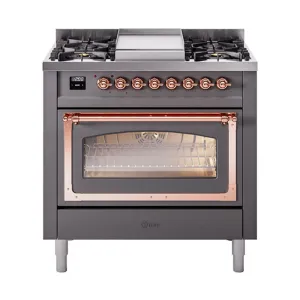 Ilve UN36FNMPMGP Ilve Un36Fnmpmgp Nostalgie Ii Noblesse 36" Dual Fuel Range (Natural Gas, Triple Glass Door, Graphite Matte, Copper)