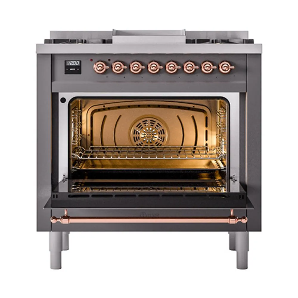 Ilve UN36FNMPMGP Ilve Un36Fnmpmgp Nostalgie Ii Noblesse 36" Dual Fuel Range (Natural Gas, Triple Glass Door, Graphite Matte, Copper)