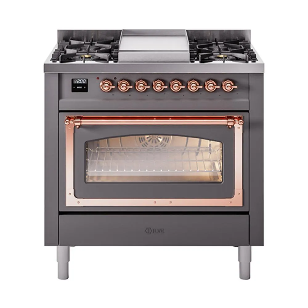 Ilve UN36FNMPMGP Ilve Un36Fnmpmgp Nostalgie Ii Noblesse 36" Dual Fuel Range (Natural Gas, Triple Glass Door, Graphite Matte, Copper)