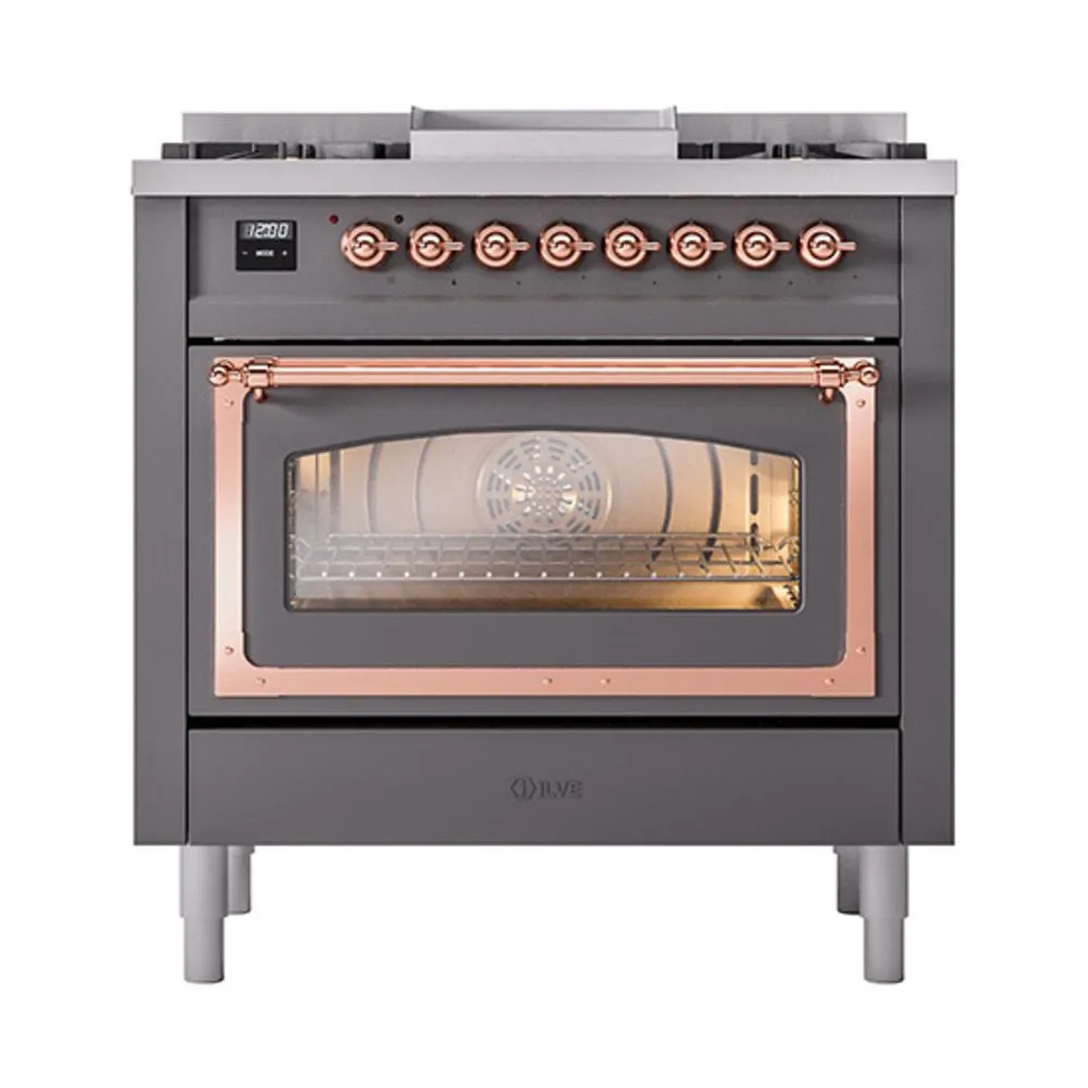 Ilve UN36FNMPMGP Ilve Un36Fnmpmgp Nostalgie Ii Noblesse 36" Dual Fuel Range (Natural Gas, Triple Glass Door, Graphite Matte, Copper)