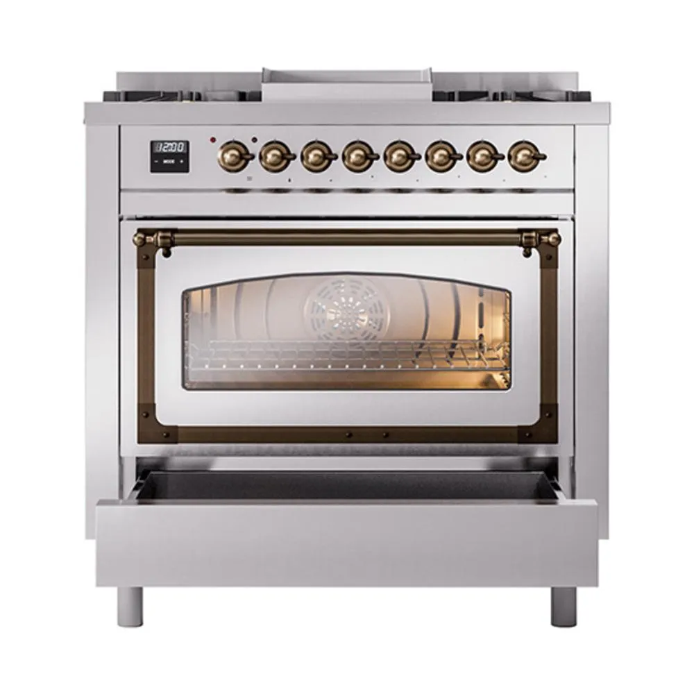 Ilve UN36FNMPSSB Ilve Un36Fnmpssb Nostalgie Ii Noblesse 36" Dual Fuel Range (Natural Gas, Triple Glass Door, Stainless Steel, Burnished)
